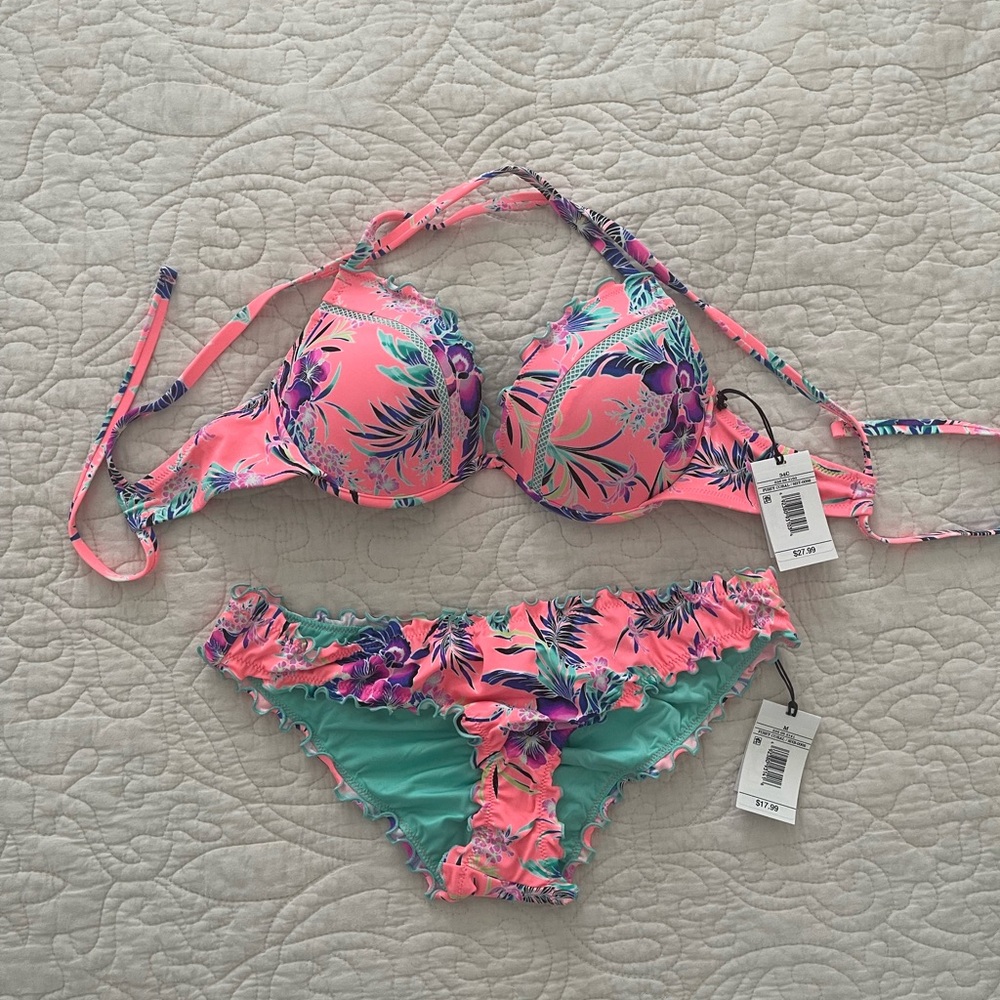 Shade & Shore Pink and Green Floral Bikini Size 34C in top & Medium in bottoms